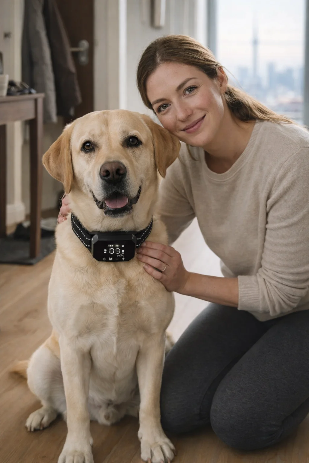 Dog owner with her Labrador wearing a GPS collar at home